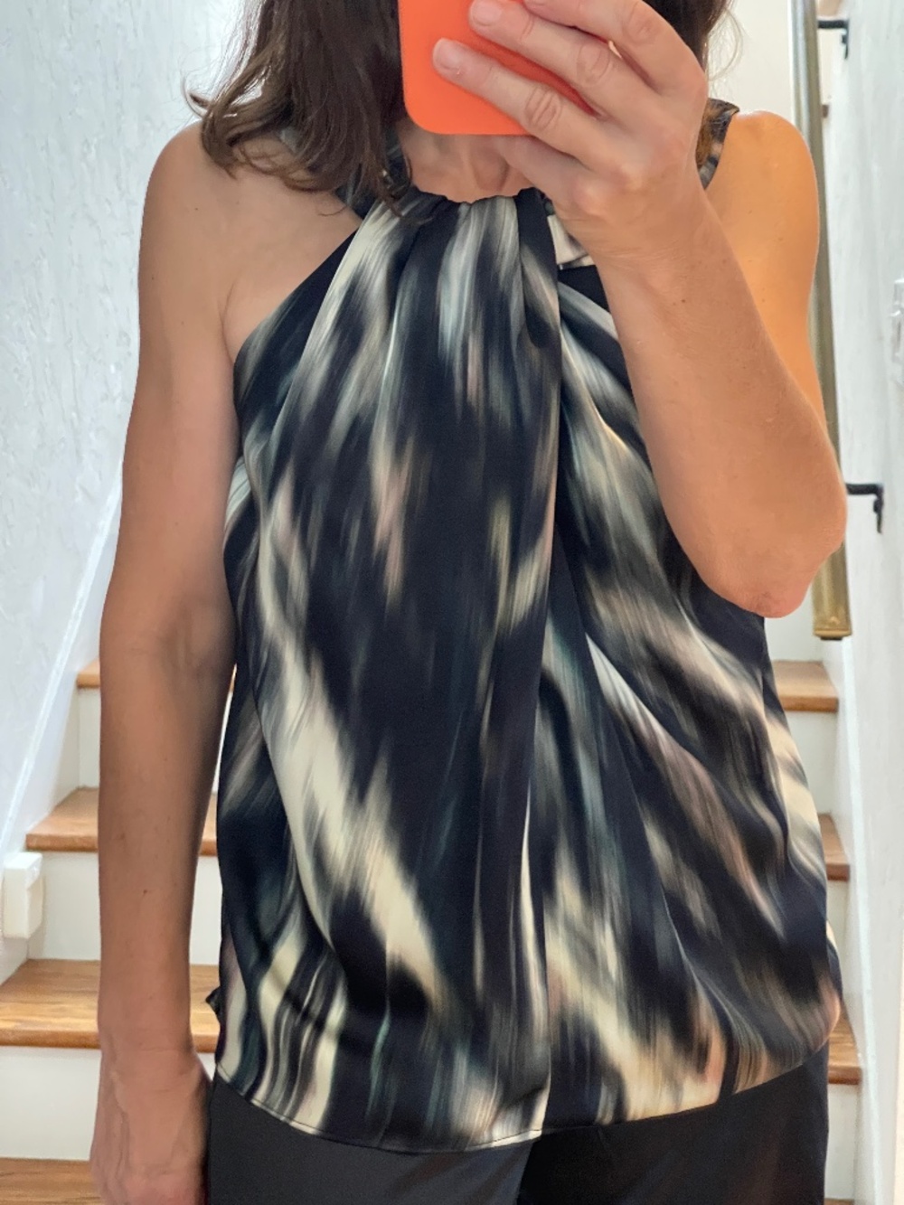 H&M black and cream abstract print sleeveless draped blouse women S